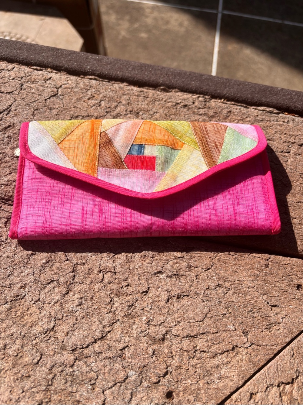 Lamia Patchwork Envelope Wallet Pink Multicolor Folding Zipper Women's Clutch